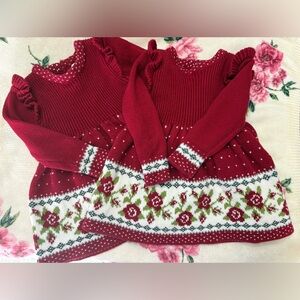 Twin Baby Girls set of 2 Knit Dresses 3-6M Cottagecore Nordic Floral Red & White
